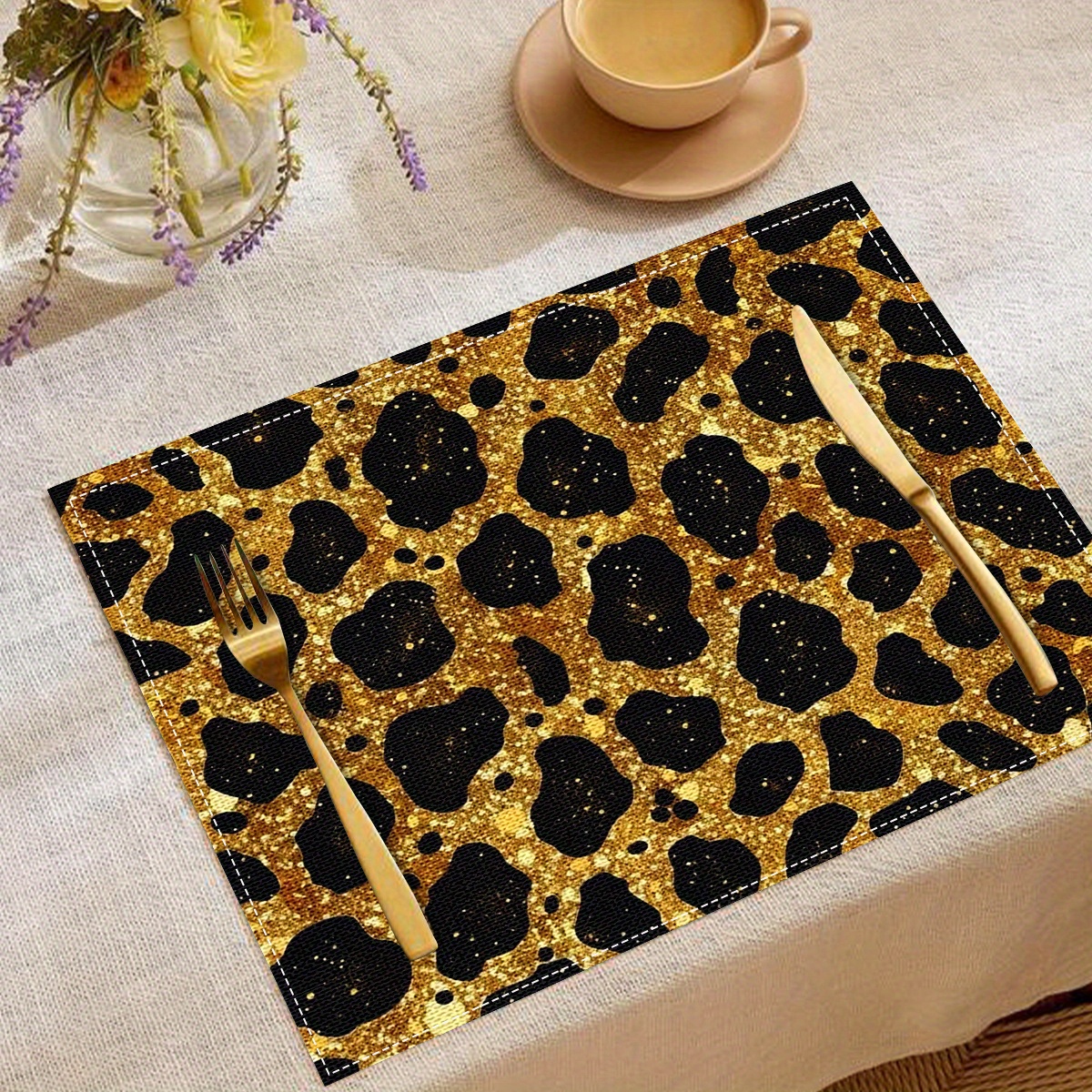 

dazzling Design" 4-piece Set Luxury Linen Placemats - Modern Shiny Leopard Print, Heat-resistant Table Mats For Dining & Kitchen Decor