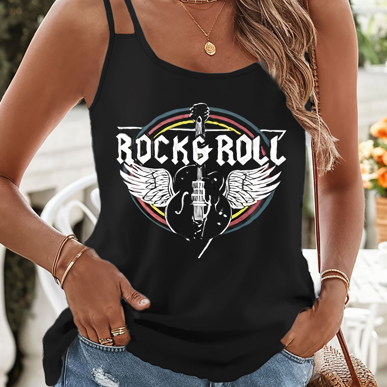 

Rock & Roll Print Double Straps Top, Casual Sleeveless Cami Top For Summer, Women's Clothing