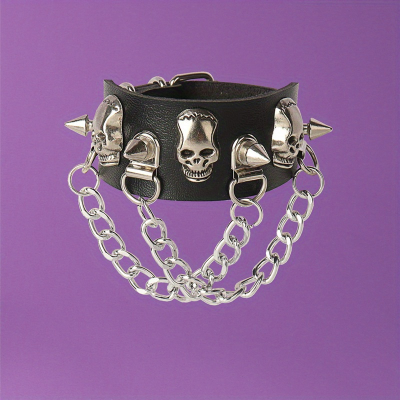 

1pc Punk Fashion Skull Head Rivet Chain Tassel Pu Leather Bracelet Jewelry