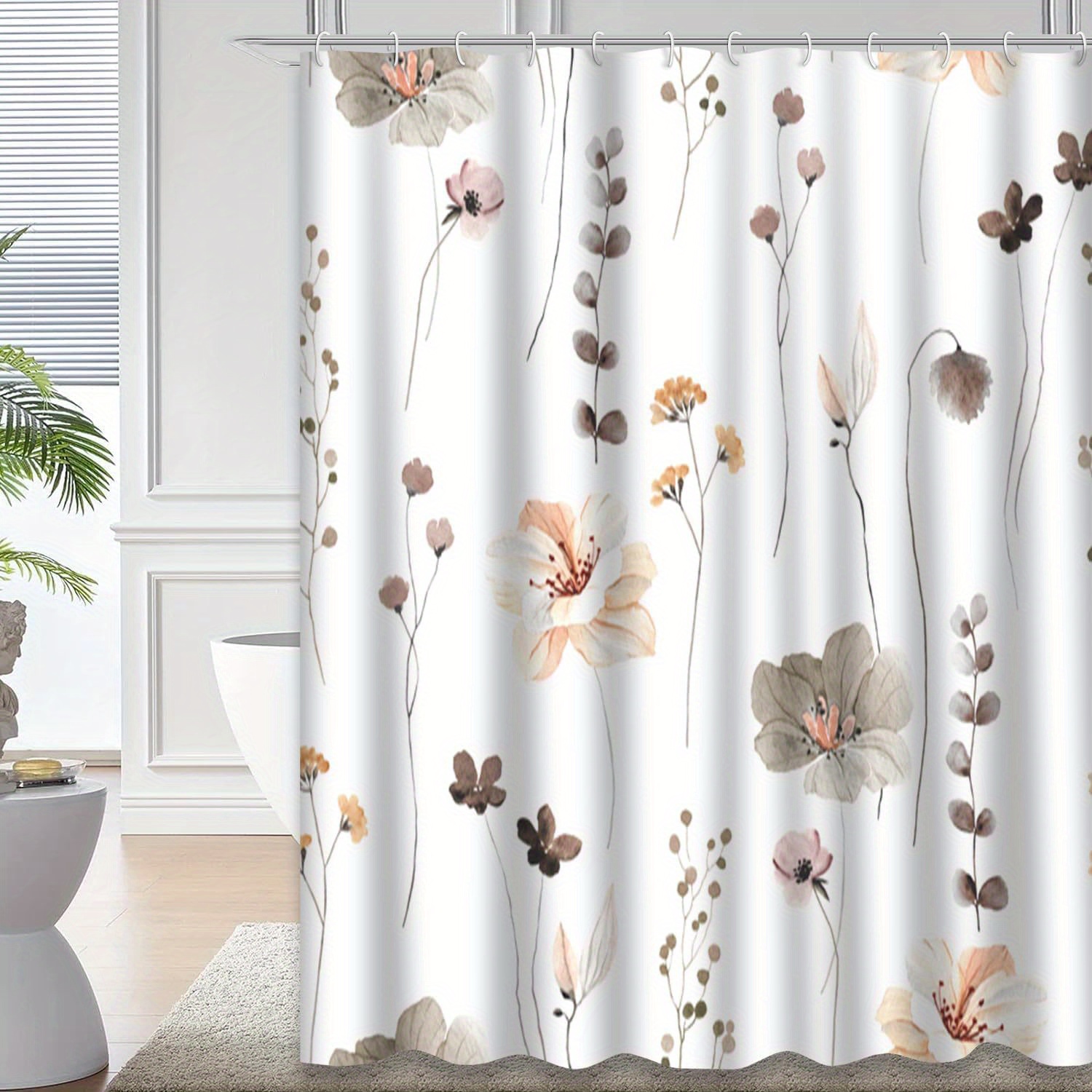 

Beige Grey Shower Curtain, Leaves Watercolor Shower Curtain For Bathroom With 12 Hooks, Vintage Plant Waterproof Decorative Bathroom Decor, 72 X 72 Inch