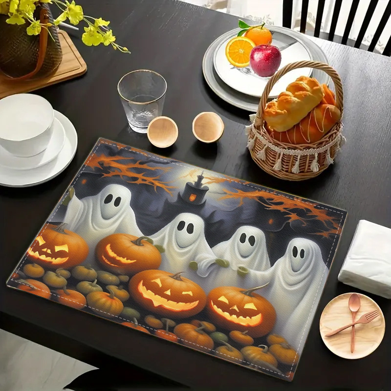 

4pcs Halloween Theme Ghost And Pumpkin Castle Print Placemats, 100% Linen Woven Table Mats, Stain Resistant Heatproof Dining Table Pads, Washable Kitchen Tabletop Protection, Festive Room Decor