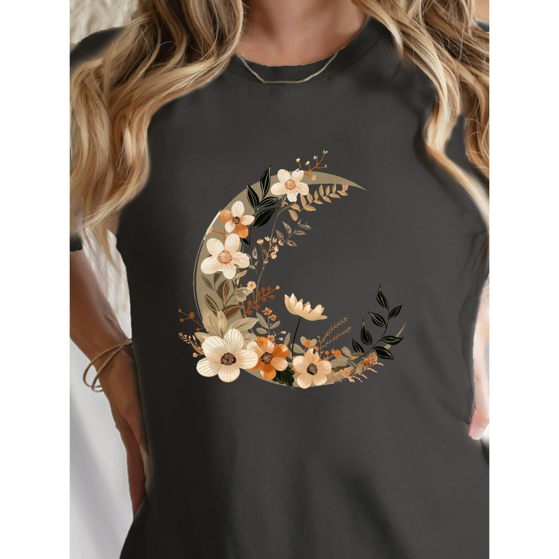 

Floral Moon Print Casual T-shirt, Crew Neck Short Sleeve Top For Spring & Summer, Women's Clothing