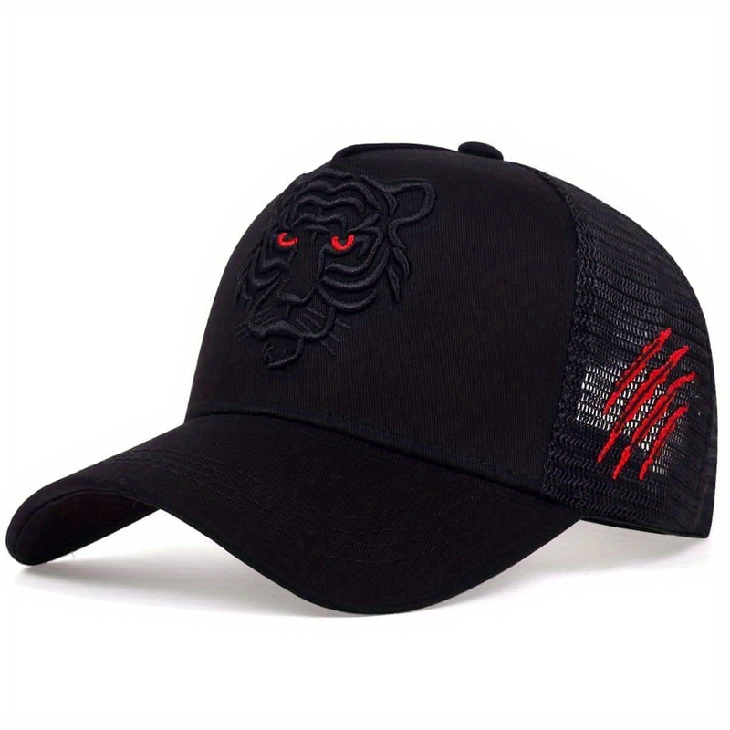 TEMU Men Tiger Head Embroidery Snapback Baseball Mesh Hat Outdoor Sport Adjustable Sunscreen Leisure Hat Spring Autumn Travel Tourism Beach Vacation
