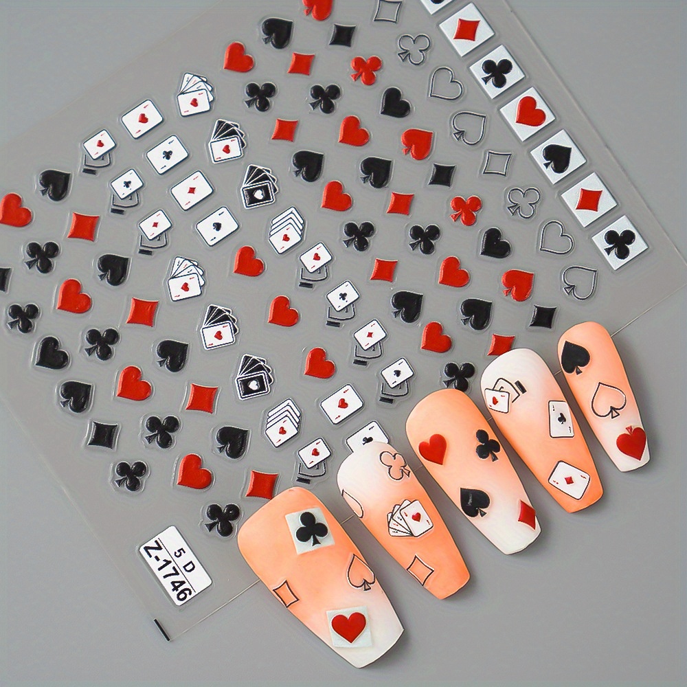 

Solitaire Playing Card Pattern Design Nail Art Stickers: Self-adhesive, Easy To Use, Cartoon Themed, Plastic Surface, One-time Use, Glitter Accents