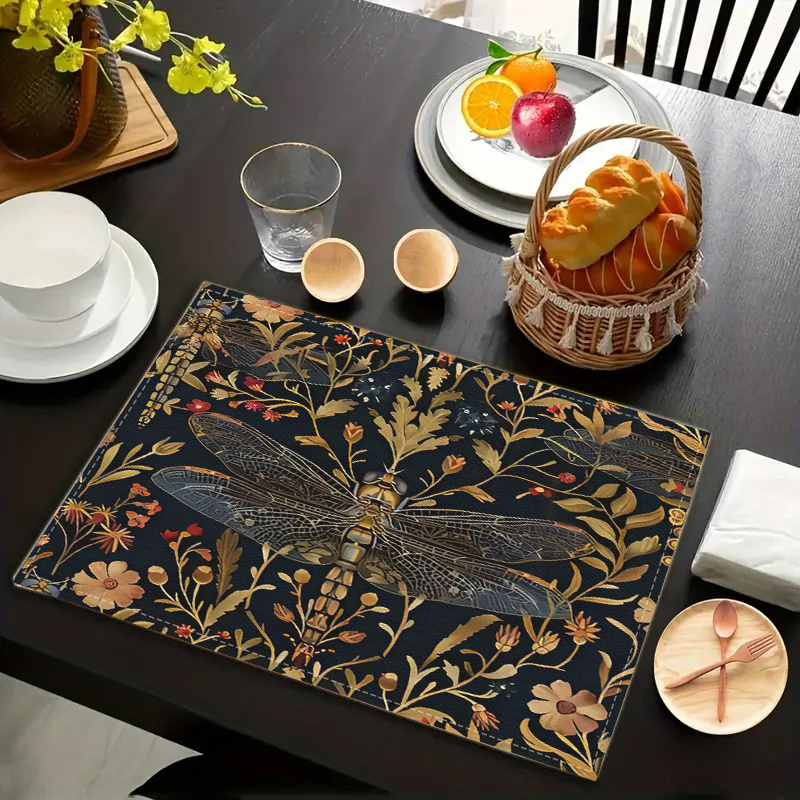 

Vintage Floral Dragonfly Print Table Placemats - 4 Pieces - Hand Wash Only - Linen Cover - Rectangular Shape - Perfect For Home Kitchen, Party, Or Room Decoration