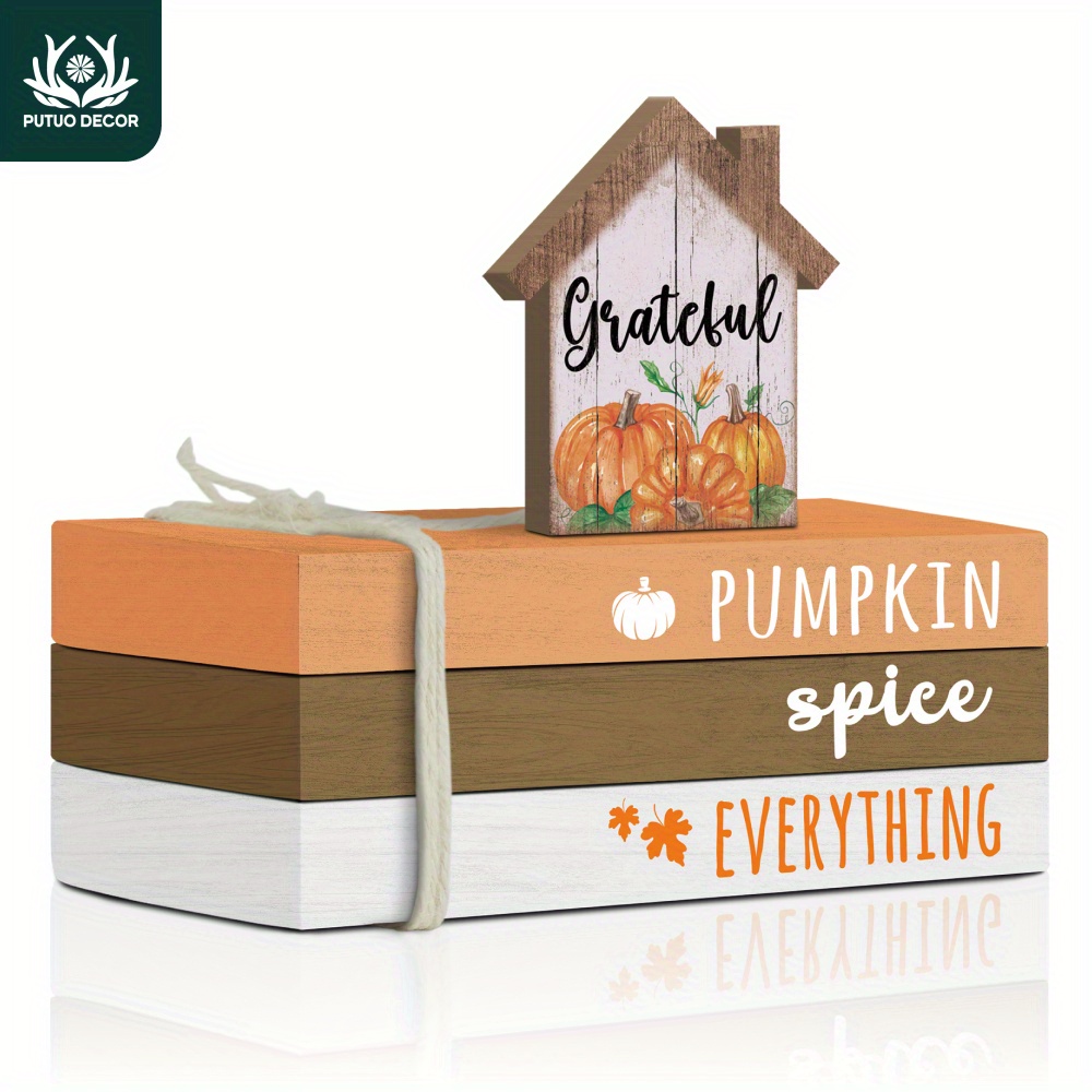 

Putuo Decor 4pc Thanksgiving Centerpieces, Faux Stacked Books Wooden Farmhouse Decor With Grateful Pumpkin Spice Design, No Electricity Required, Autumn Tabletop Decorations For Home And Cafe