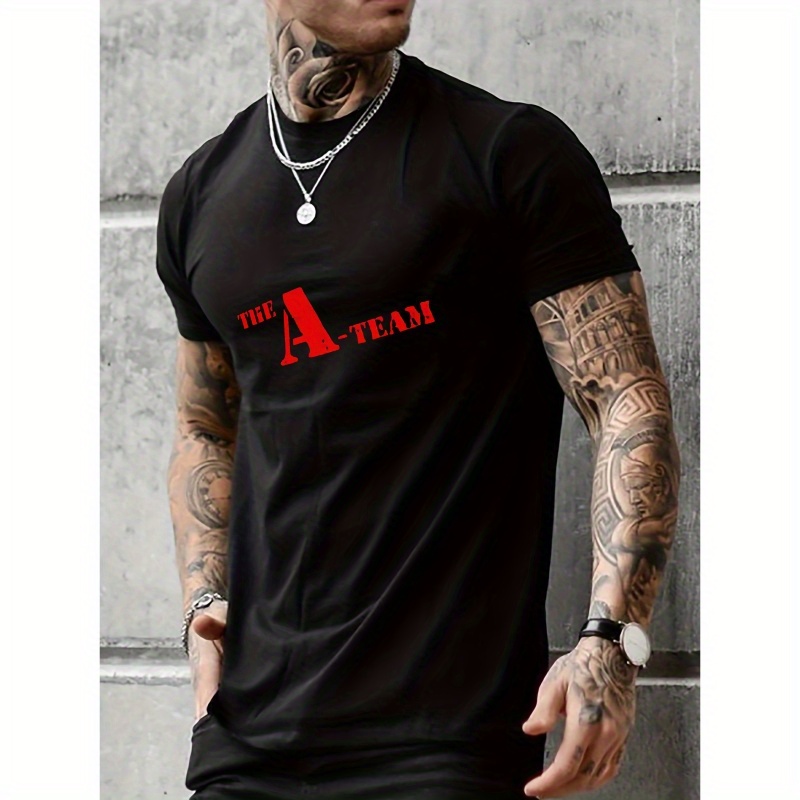 

Plus Size Men's Summer T-shirt, A Team Letter Print Crew Neck Short Sleeve Tees, Casual Comfortable Versatile Tops For Daily Life, Big & Tall Guys