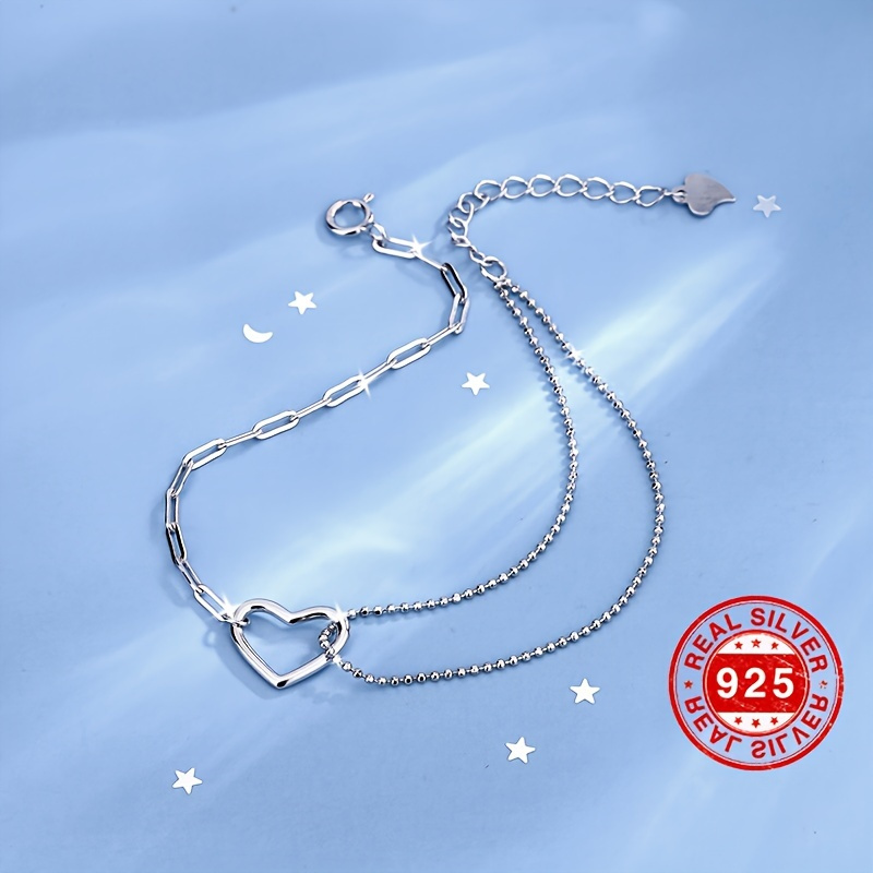TEMU S925 Pure Silvery Bracelet, Elegant Chain Shaped Heart-shaped Pendant, Suitable For Daily Wear And Handmade Jewelry For Occasions, Perfectly