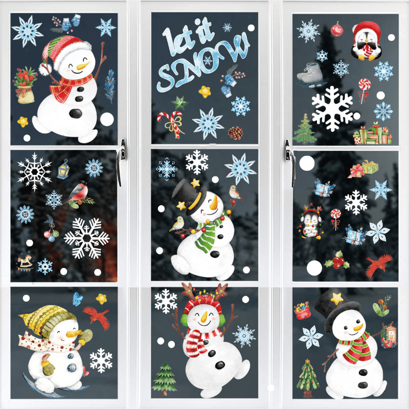 

8pcs Snowman Clings Set - Double- Pvc Decals For Christmas & Decorations