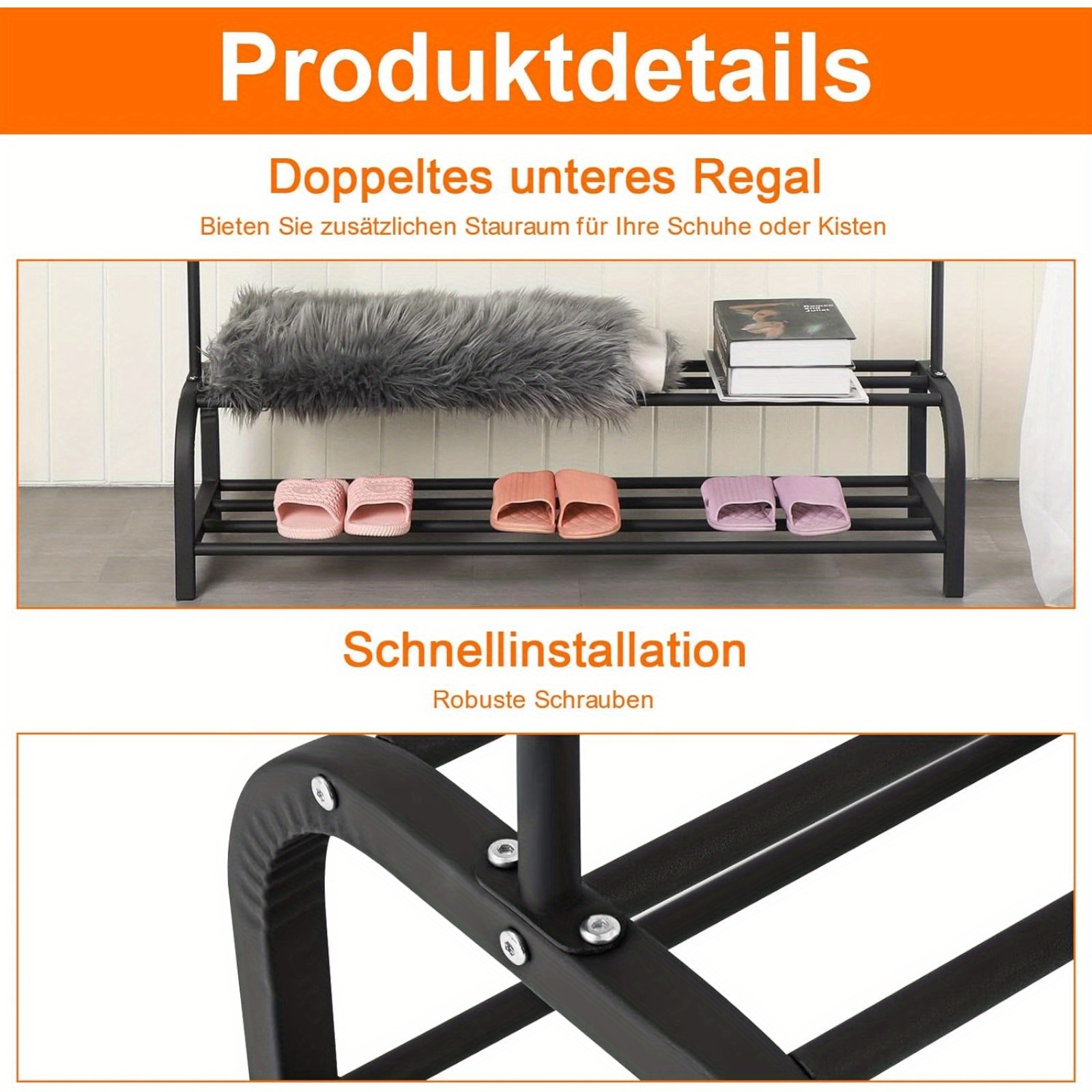 ZHKINGGS Kleiderständer Metall - Doppelstange Mit Regalen & Haken Schwarz