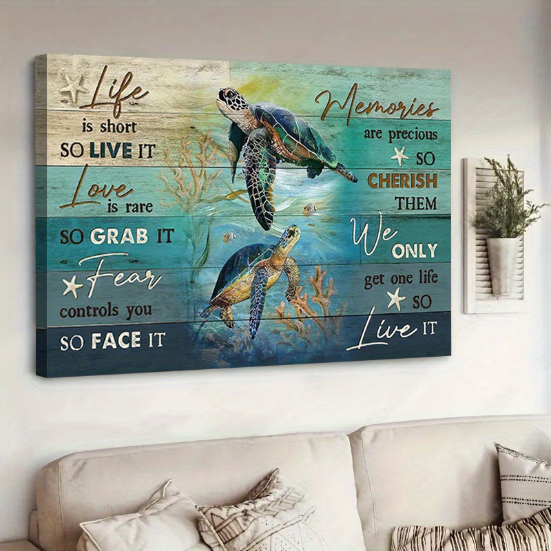TEMU 2d Flat, 2d Flat, 1pc Wall Art Featuring A Sea Turtle, Including Turtle Images And Motivational Quotes. This Canvas Print Showcases Ocean-themed