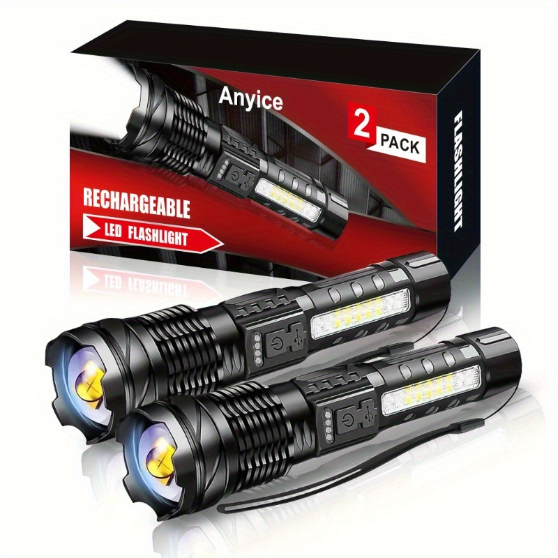 

2pcs/1pc Flashlight, Rechargeable Torch Flood Light With Side Light For Outdoor Camping, Fishing, Hunting, Climbing, Adventure