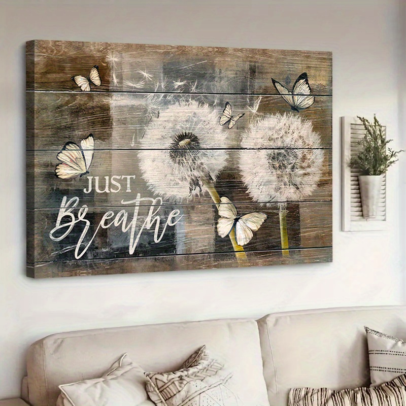 

1pc Framed Rustic Wall Art Just Breathe Quotes Poster White Dandelion And Butterfly Canvas Prints Beautiful Decorative Home Decor Pictures Framed Country Wall Decor Prints For Bedroom Living Room