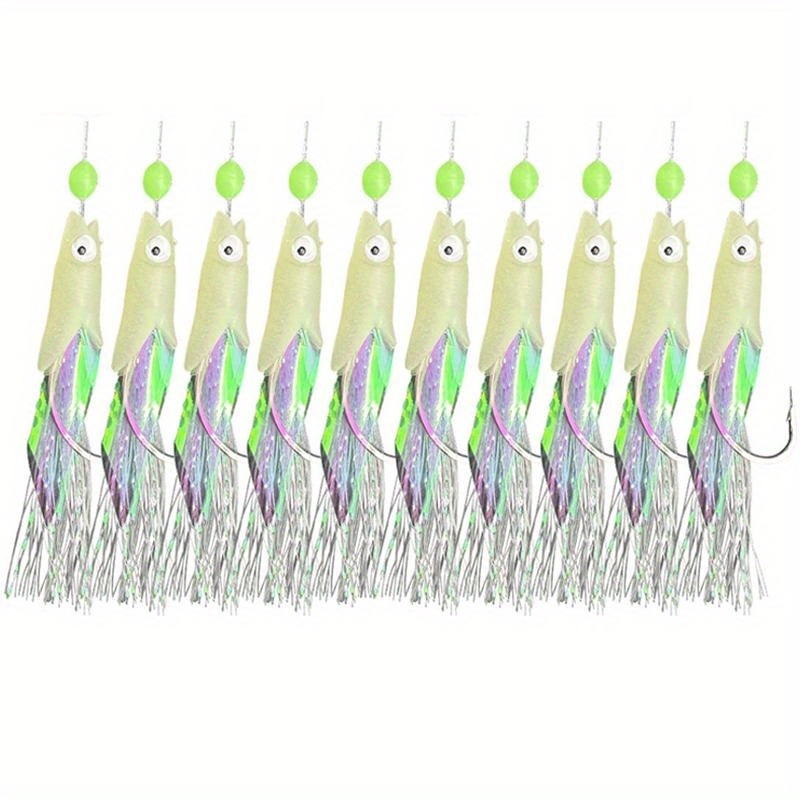 TEMU 10pcs Luminous Bait Feathers Lures Mackerel Bass Cod Sea Fishing Rigs Tackle Boat