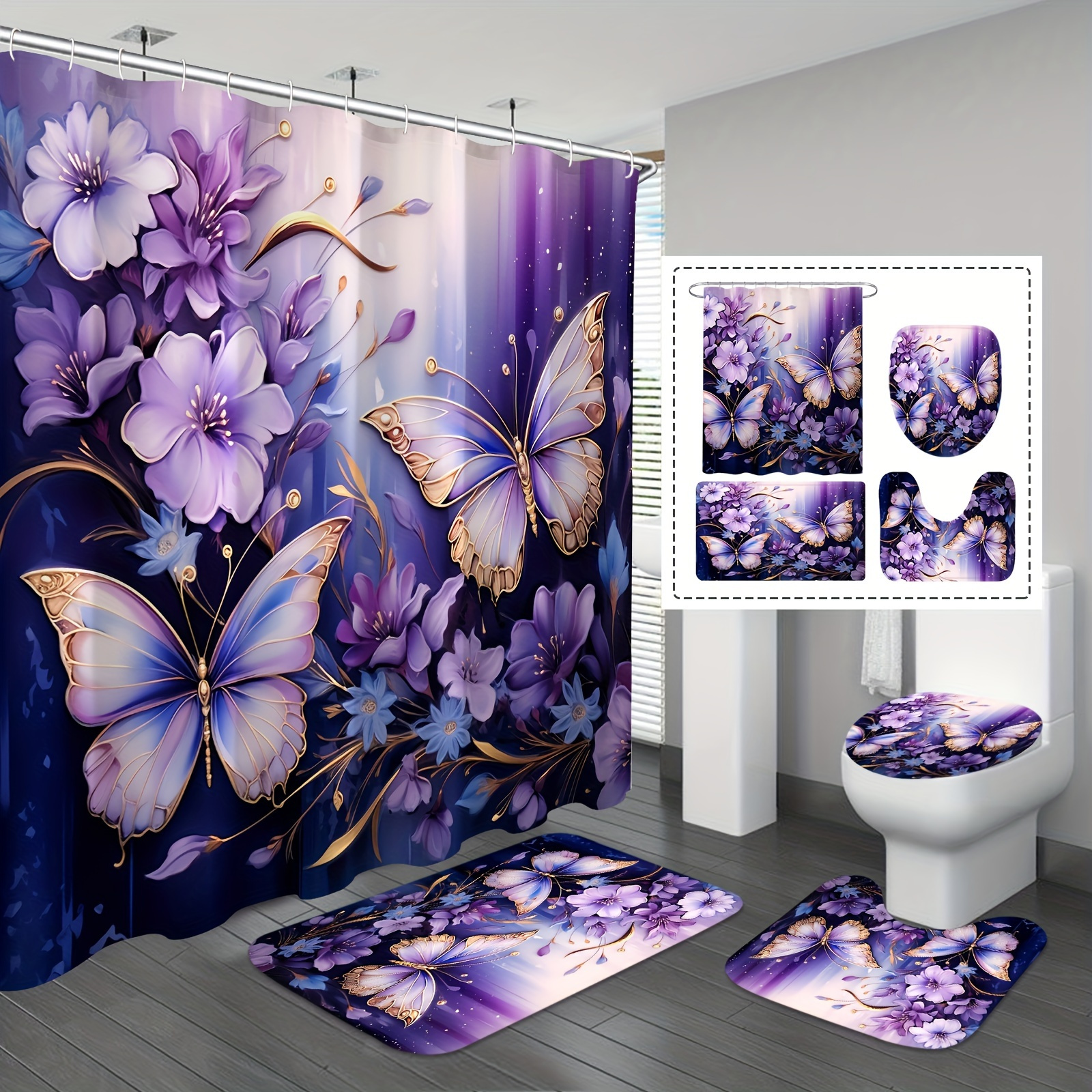 

4-piece Purple Butterfly Floral Shower Curtain Ensemble - Waterproof & Decorative, Complete With Non-slip Mat, Toilet Lid Cover & U-shape Rug - Transform Your Bathroom Into A Stylish Haven