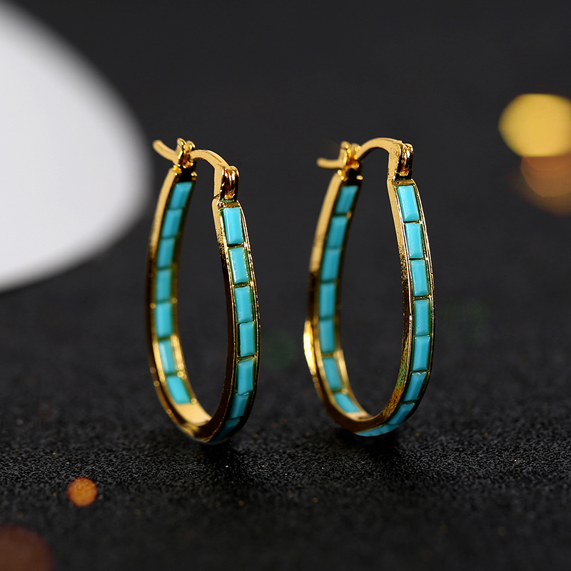 

2pcs/pair Fashion Ear Drop Hoop Earrings Bohemian Imitation Turquoise Retro Party Jewelry Gift