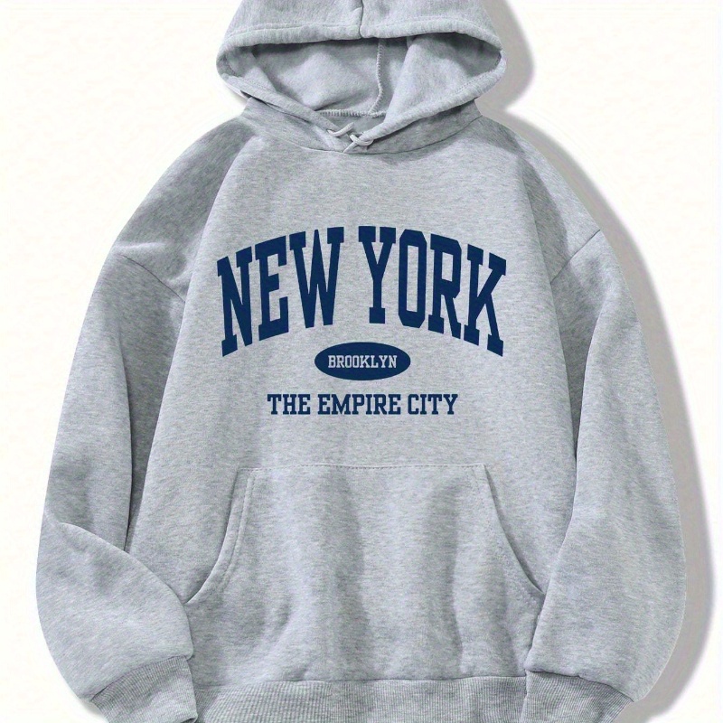 

New York Print Kangaroo Pocket Hoodie, Casual Long Sleeve Drawstring Hooded Sweatshirt, Women's Clothing