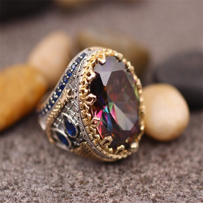 

European And American Retro Hollow Irregular Geometric Colored Zirconia Crystal Ring For Men Jewelry