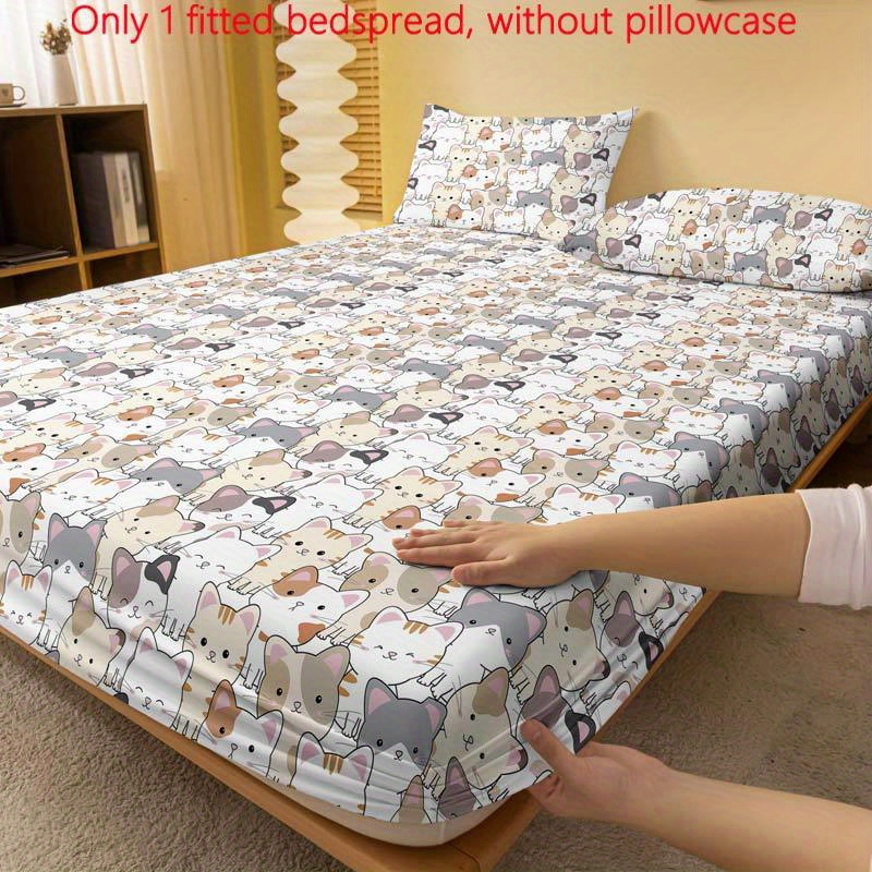 

1 Fitted Bedspread With Cute Animal Cats Pattern, No Pillowcase Included - Perfect For Your Bedroom