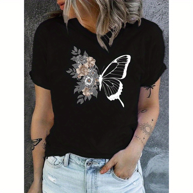 

Butterfly & Floral Print Crew Neck T-shirt, Casual Short Sleeve Top For Spring & Summer, Women's Clothing