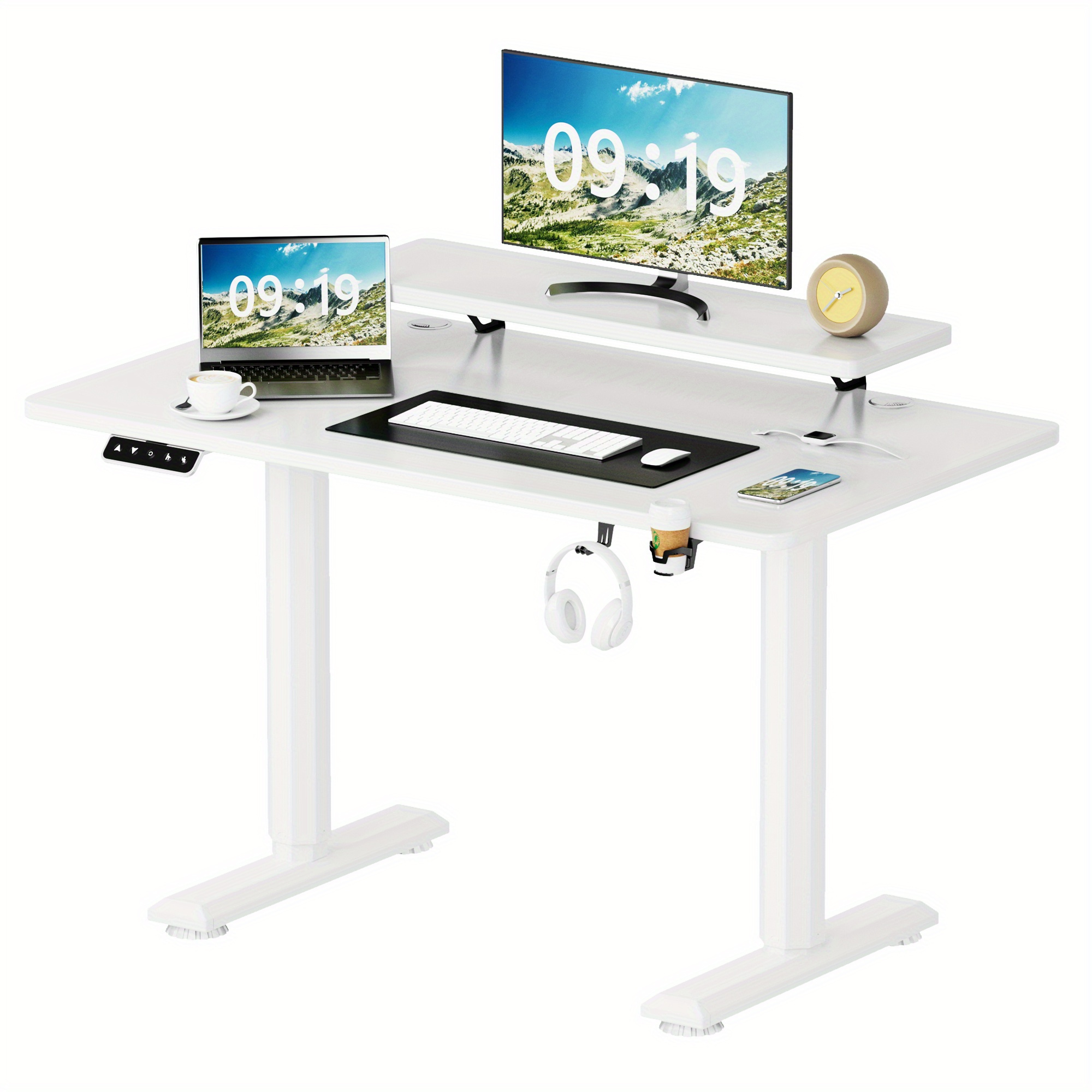 

Electric Standing Desk With Monitor And Laptop Workstation, 55 X 24 Inches Height Adjustable Sit Stand Up Desk, Computer Workstation With Cup Holder And Hook, Holes For Cables