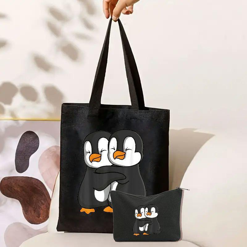 

2 Pcs Cute Penguins Print Portable Tote Bag Set, Shopping Bag With Small Zipper Makeup Pouch