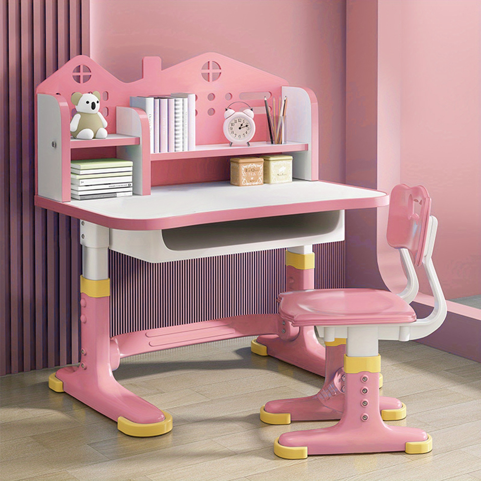 

Children's Functional Desk And Chair Set, Height Adjustable Children's School Study Desk With Castle Back, Extended Desktop, Bookshelf And Storage Drawers (pink) 41.37" X 29.75" X 24.63
