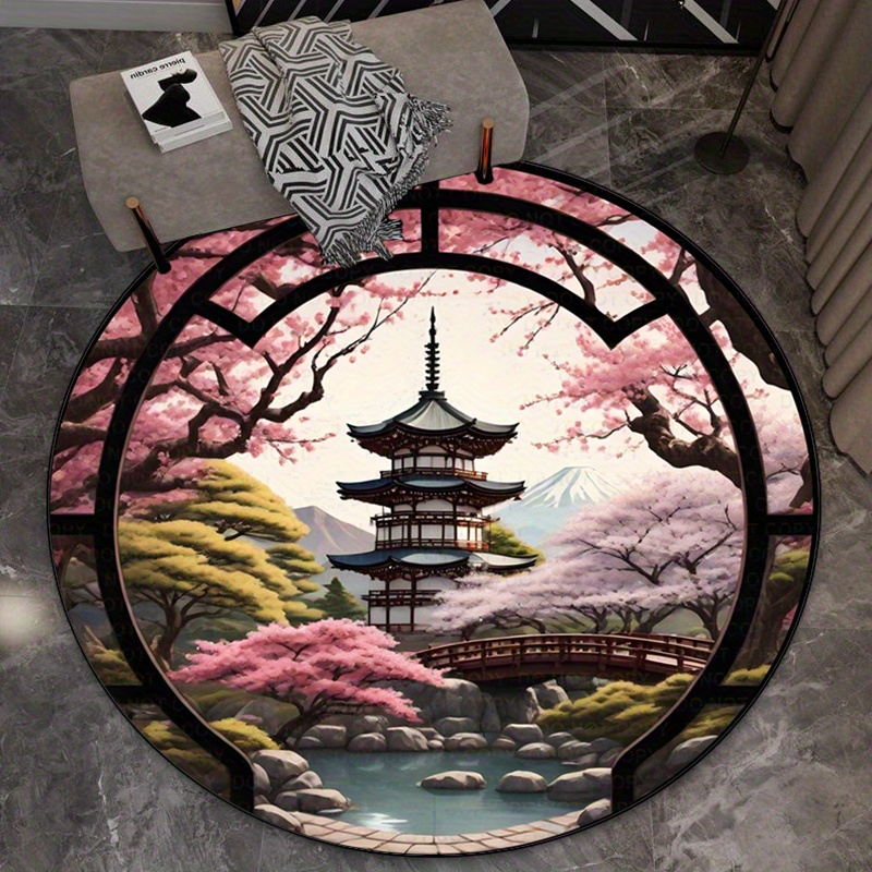 

Chinese Style Polyester Round Rug - Cherry & Pagoda Design, Anti-slip Carpet Chair Mat For Living Room Bedroom - Durable & Soft Crystal Velvet Floor Decor, 800g/m² Density