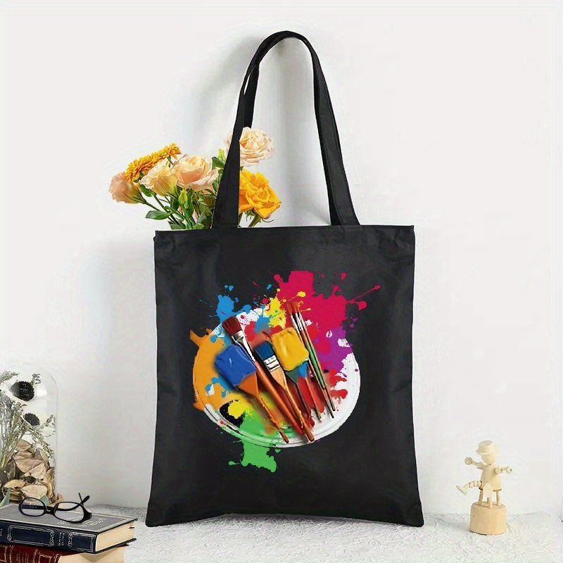 

Artistic Paint Brush Splash Print Canvas Tote Bag, 13.8in, Black, Durable Shoulder Bag For Women - Party & Holiday Supplies