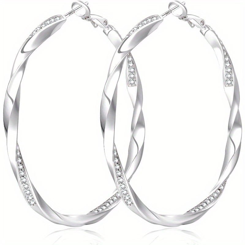 

925 's Earrings Lightweight Large Earrings Anti-allergic Twist Large Zirconia Earrings Daily Versatile Anti-allergic Earrings 50mm Silver Weight 5.8g, 60mm Silver Weight 6.89g