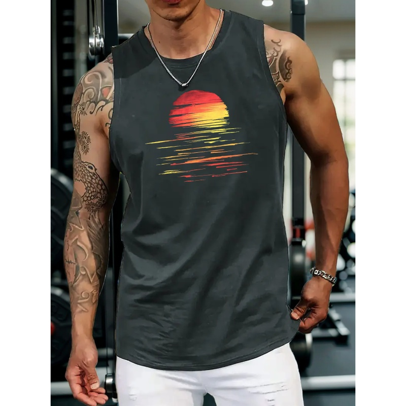 

Sunset Print, Men's Tank Top, Mature Style Vest, Athletic Sleeveless Top For Spring & Summer Trend