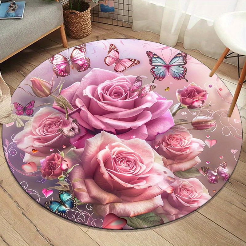 

Luxurious Crystal Velvet & Butterfly Round Rug - Anti-slip, Perfect For Living Room & Bedroom Decor
