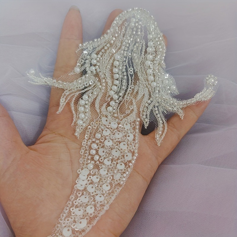 

1pc Mermaid Costume Lace Beaded Applique Three-dimensional Patch, Goldfish Wedding Dress Veil Clothing Diy Accessories