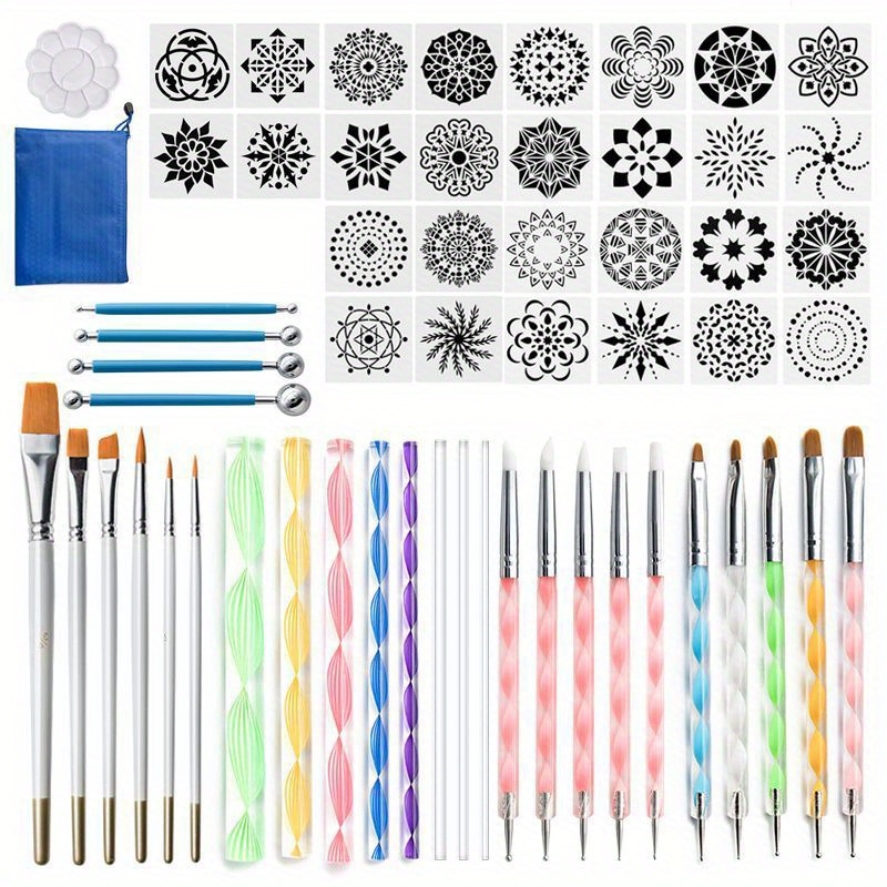 

Kit d'Outils de Mandala 58pcs avec Pochoirs, Pinceaux en Bois & Sac de Rangement - Fournitures de Peinture sur Roche Légères et Durables pour