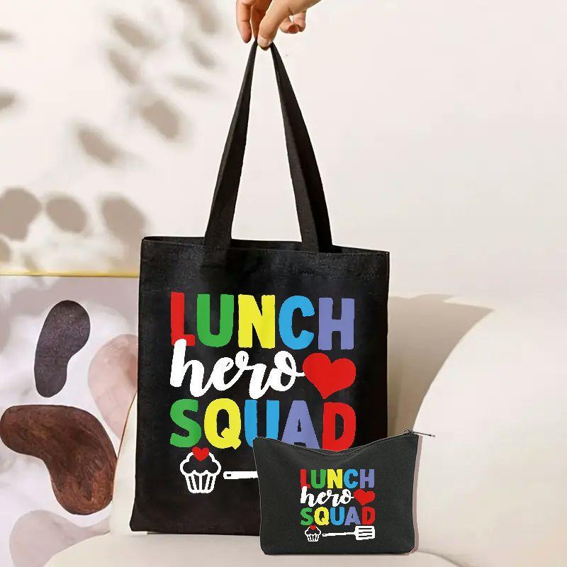 

2-piece Set, "lunch Hero Squad" Printed Canvas Tote Bag (13.8 X 15.35 Inches) And Matching Accessory Pouch, Durable Shoulder Bag And Zipper Pouch For Shopping