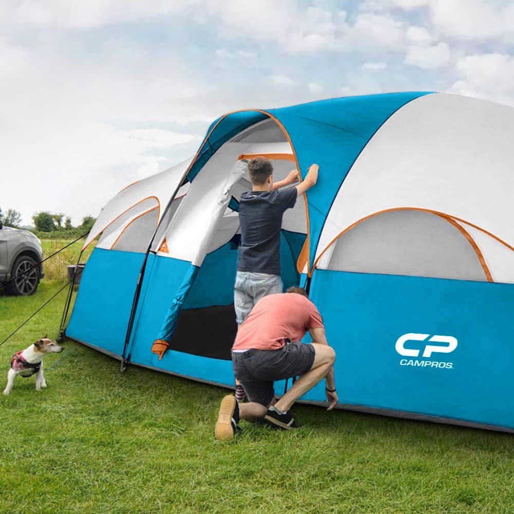 

Campros Cp Tent 8 Person Camping Tents, Weather Resistant Family Tent, 5 Large Mesh Windows, Double Layer, Divided Curtain For Separated Room, Portable With Carry Bag Sky Blue