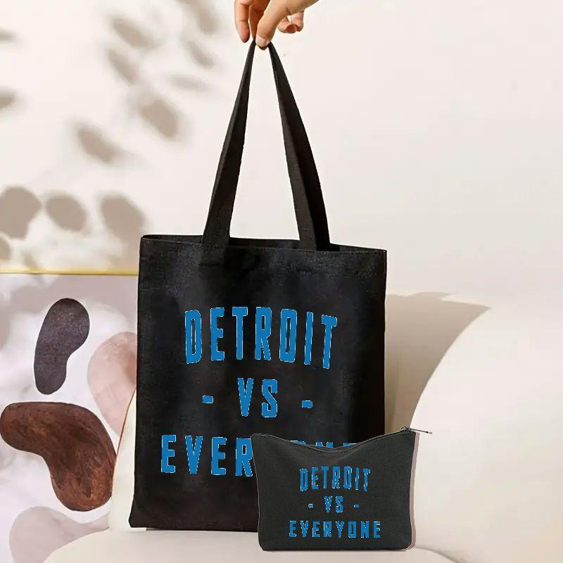 

2 Pcs Detroit Vs Everyone Print Lightweight Canvas Storage Bag Set, Shopping Bag With Small Zipper Storage Bag For Women