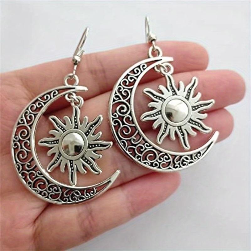 TEMU Exquisite Silvery Moon & Sun Dangle Earrings, Hip Hop Punk Style Jewelry For Woman Girls