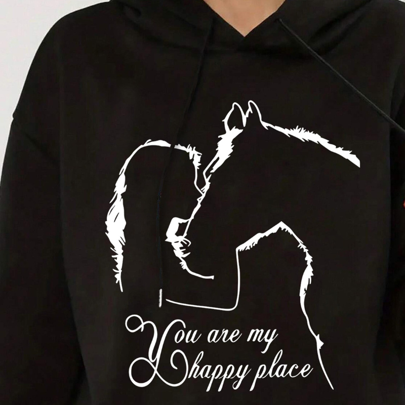 

Horse Print Kangaroo Pocket Hoodie, Casual Long Sleeve Drawstring Hooded Sweatshirt, Women's Clothing