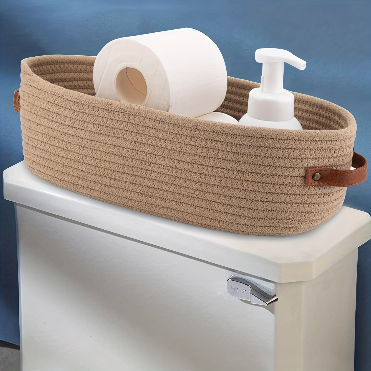 TEMU Versatile Woven Storage Basket With Dual Handles - Perfect For Desk Organization & Bathroom Essentials