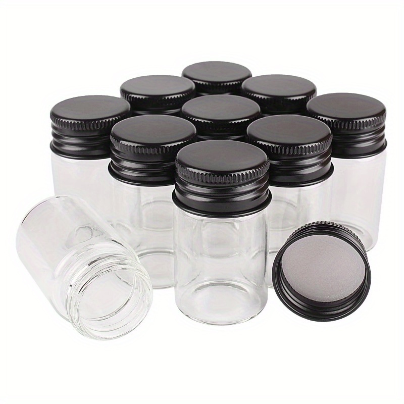

20-piece Mini Clear Glass Bottles With Black Aluminum Lids - 10ml, Perfect For Spices, Decor, Wedding Favors & Crafts