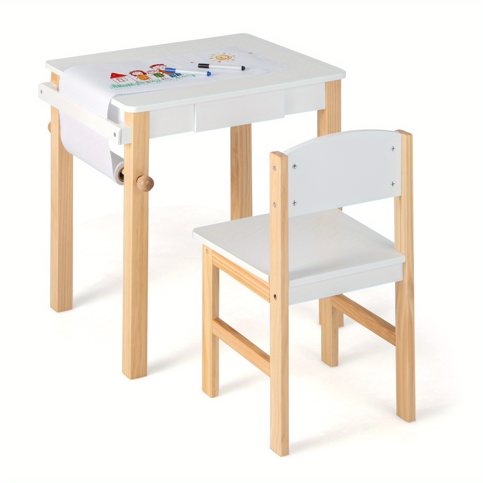 

Lifezeal Kids Table And Chair Set Wooden Activity Drawing Study Desk W/paper Roll Drawer