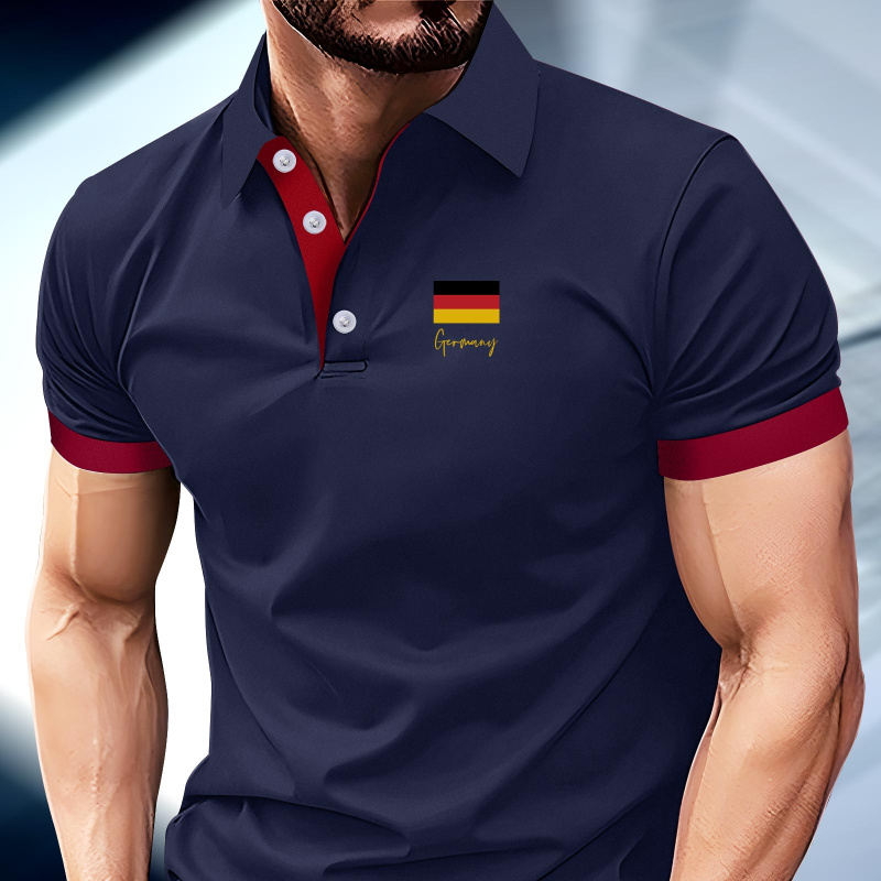 

Germany National Flag Logo Print Men's Short Sleeve Golf Shirt, Business Casual Comfy Top For Daily And Outdoor Wear