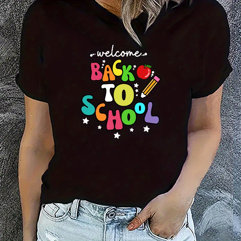 

Women's Casual Round Neck T-shirt With "welcome Back To School" Print, Short Sleeve, Sporty Tee Top For Teachers And Students