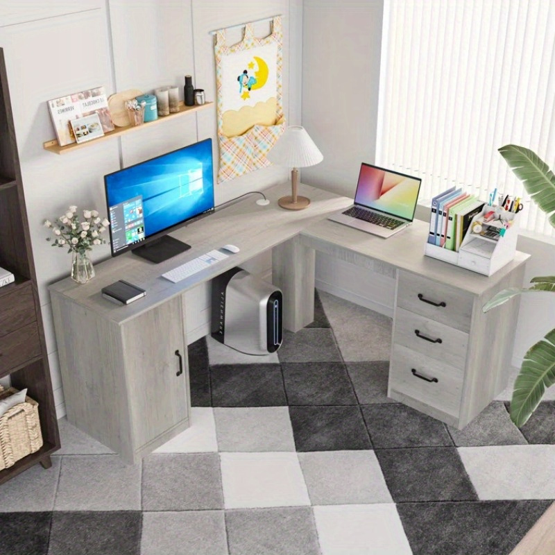 

L Shaped , Home Office Computer Desk With Cabinet, Corner Table For Work And , Space-saving