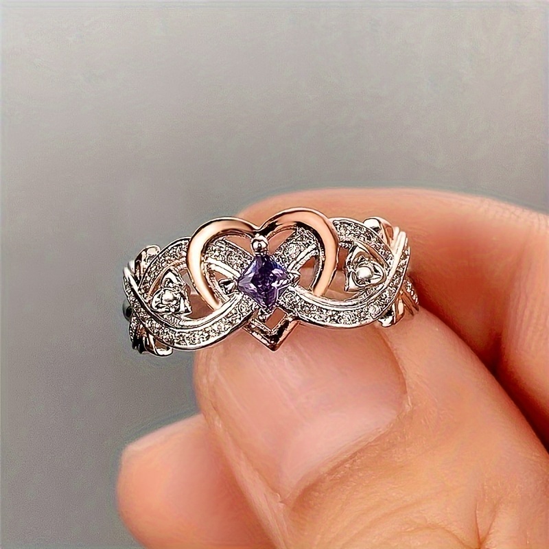 

Elegant Purple Zirconia Heart-shaped Ring - Silver-plated, Vintage Bohemian Style For Women | Suitable For Anniversary And Engagement Gifts