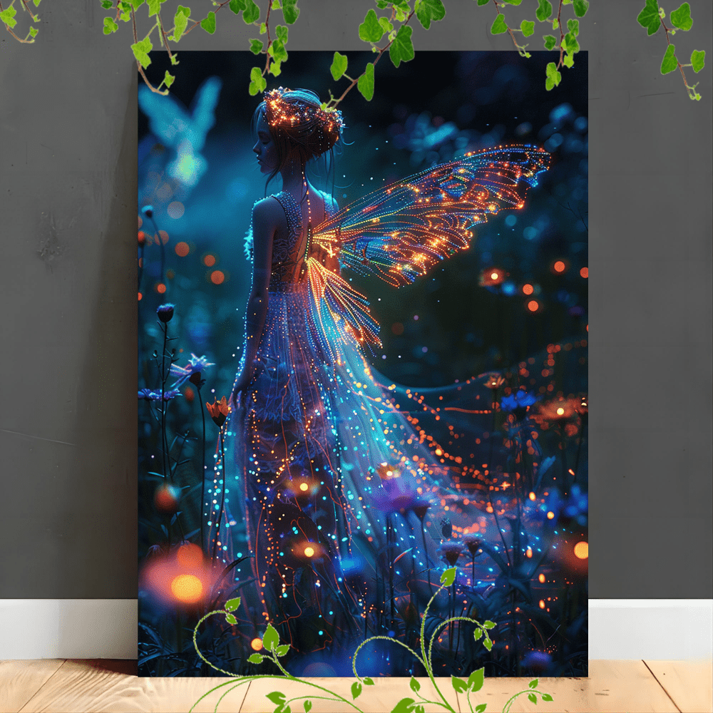 

1pc Wooden Framed Canvas Painting Fairy, Glowing Wings, Ethereal Dress, Fantasy, Colorful Lights, Mystical Forest, Delicate Flowers, Whimsical Aura