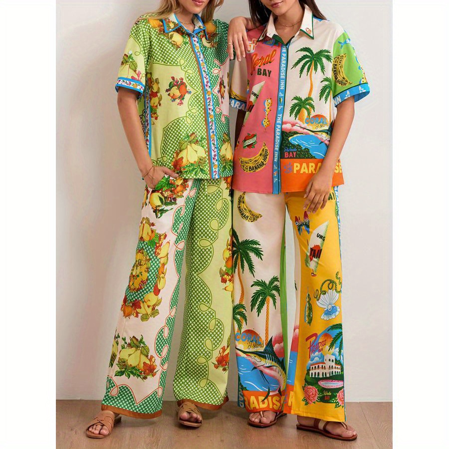 

Boho Style Tropical Print Pantsuits, Button Up Short Sleeve Collared Blouse & Wide Leg Pantsuits, Women's Clothing