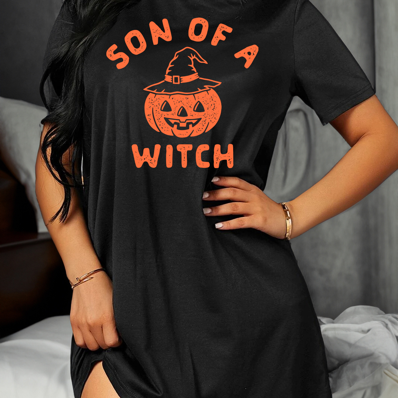 

Jack-o-lantern With Witch Hat &letter Print Lounge Dress For Halloween, Short Sleeve Round Neck Loose Fit Tee Dress, Women's Loungewear