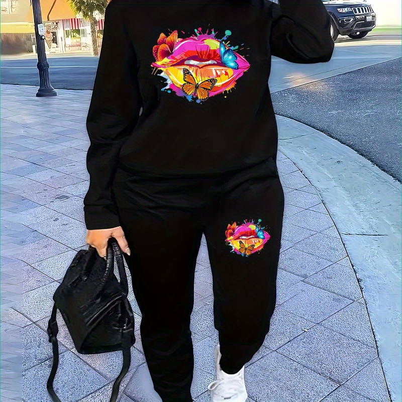 

Women's Casual Printed Lip Butterfly Sweatshirt & Joggers Set, Cozy Athletic Tracksuit For Fall/winter